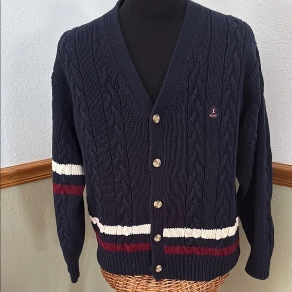 Vintage men’s Izod Cable Knit Collegiate Button Down Navy Blue Cardigan Large